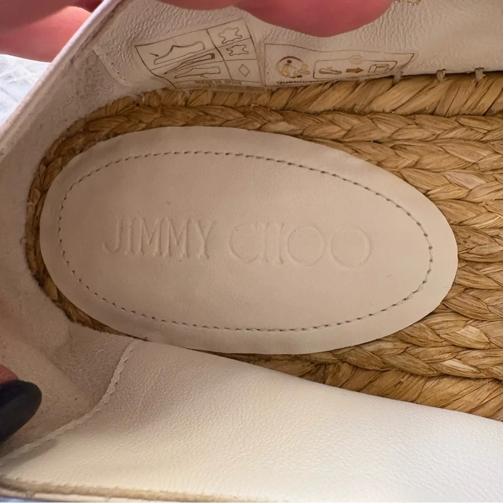 Jimmy Choo Fayence Pearl White Leather Mary Jane Ballerina Espadrilles EUC Sz 38